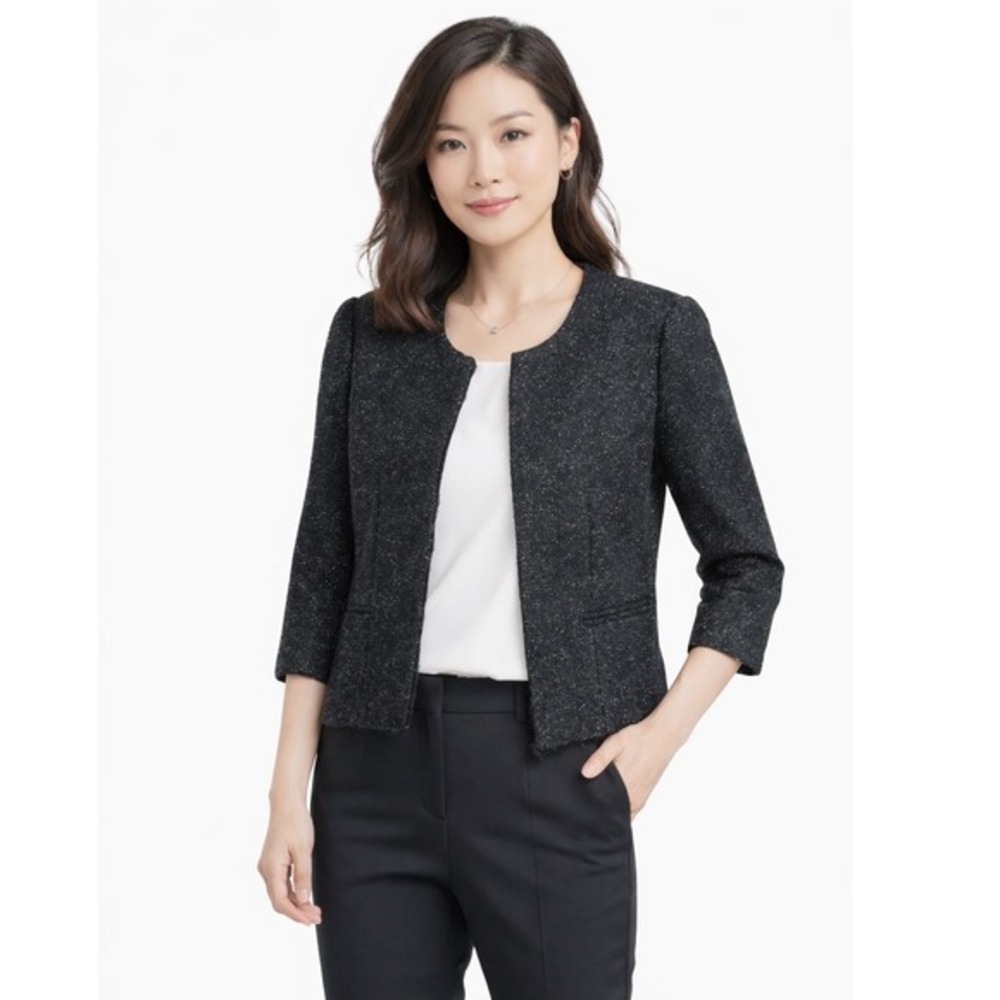 Ann Taylor LOFT Black Wool Silk Tweed Lace‎ Trim Blazer Jacket Size 10 270427